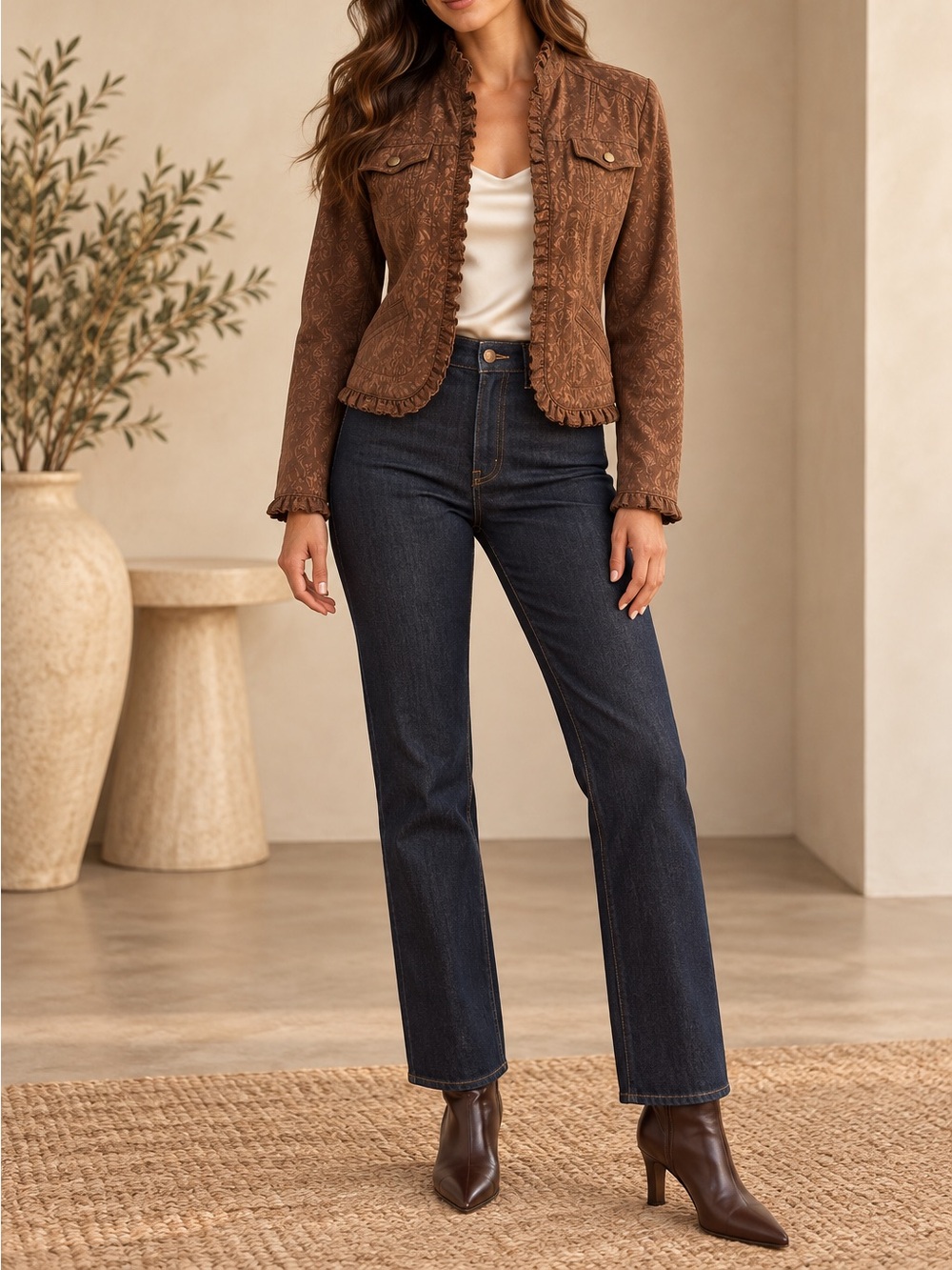 🍂 Coldwater Creek Chic Brown Floral Jacquard Ruffle Jacket Size Small | Fall 🤎